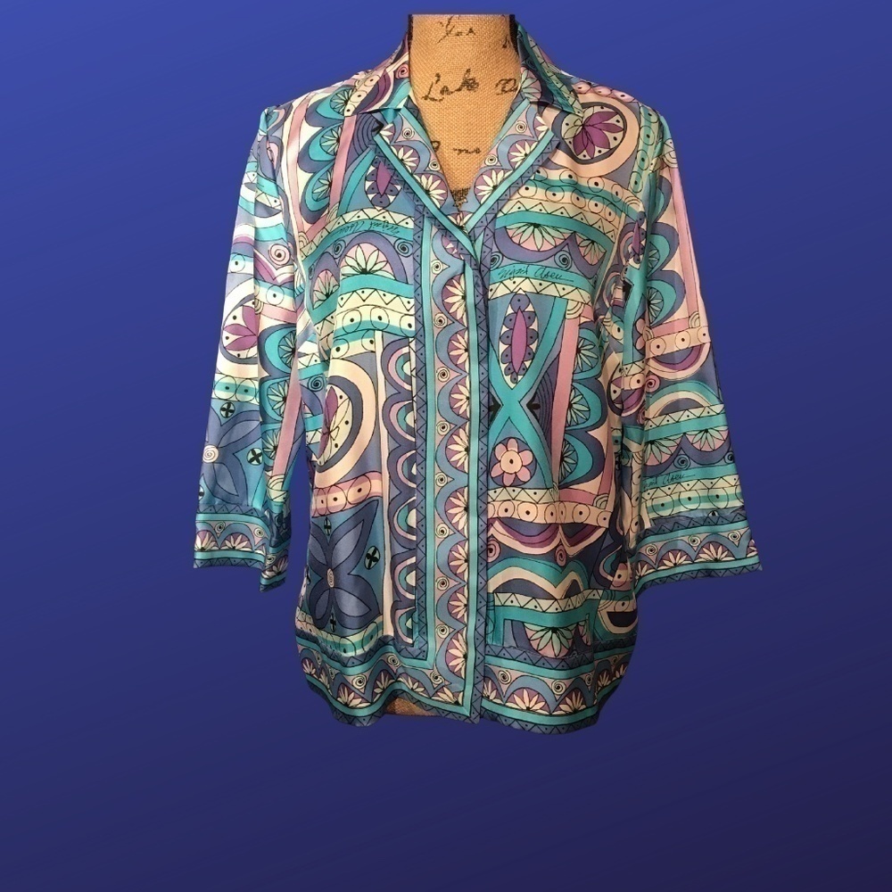 𝅺sigrid OLSEN 100% Silk “Signature” Tunic Blouse, BLUE/TURQUOISE, NWOT, Size M